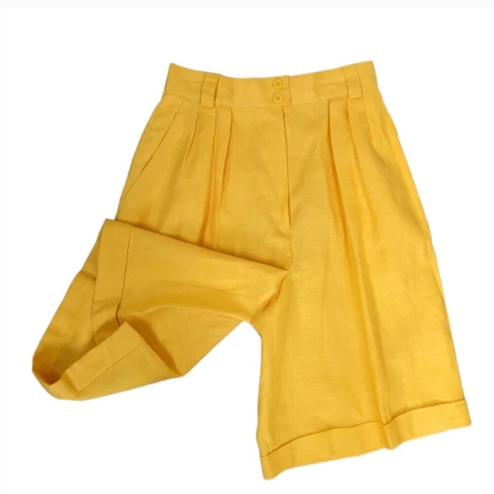 Vintage Linen Pleated Cuffed Bermuda Trouser Shorts